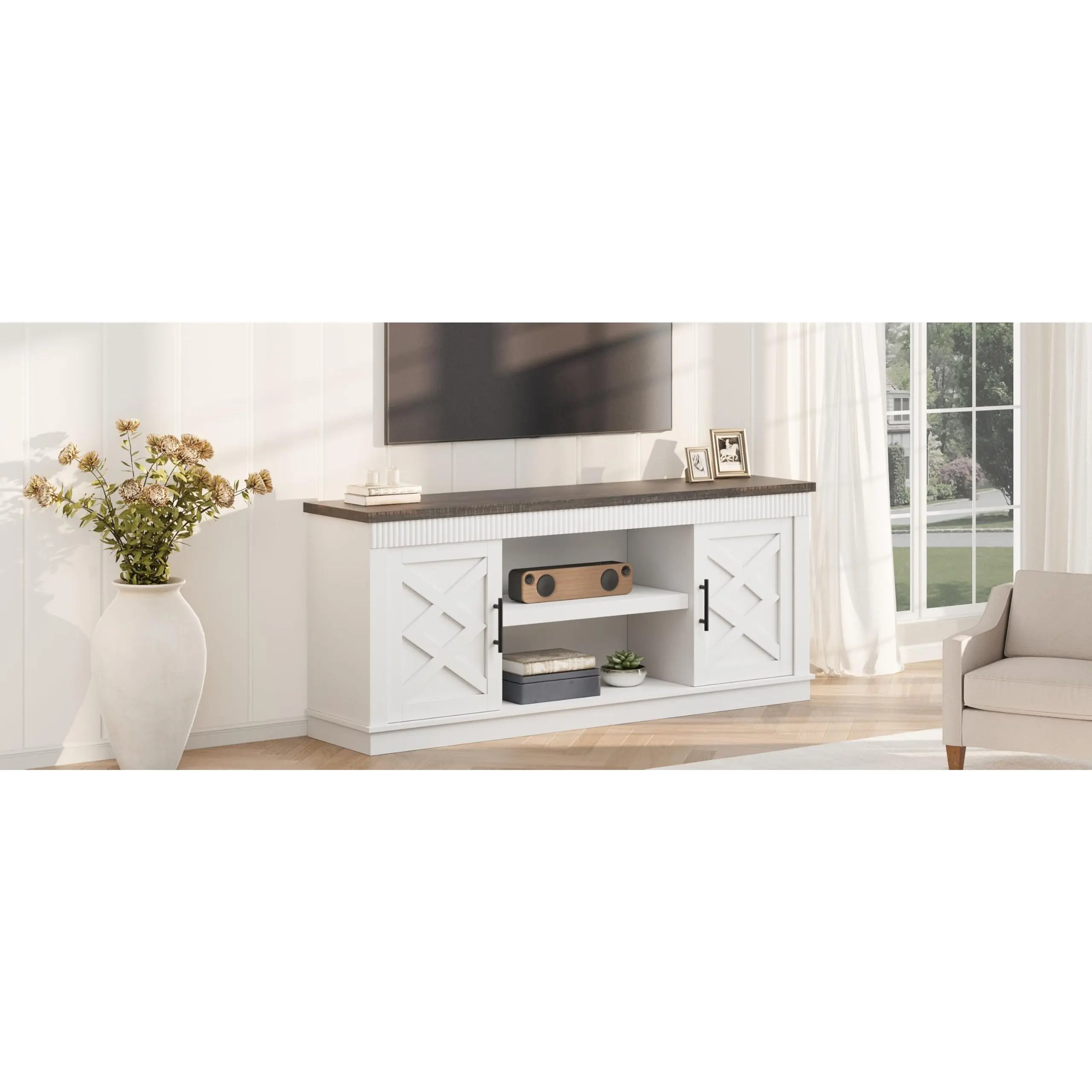 Garvee Entertainment Center for 65 and 70 Inch Screens with 2 Doors and Open Storage Shelf, Rustic Style Console Support for Large Displays