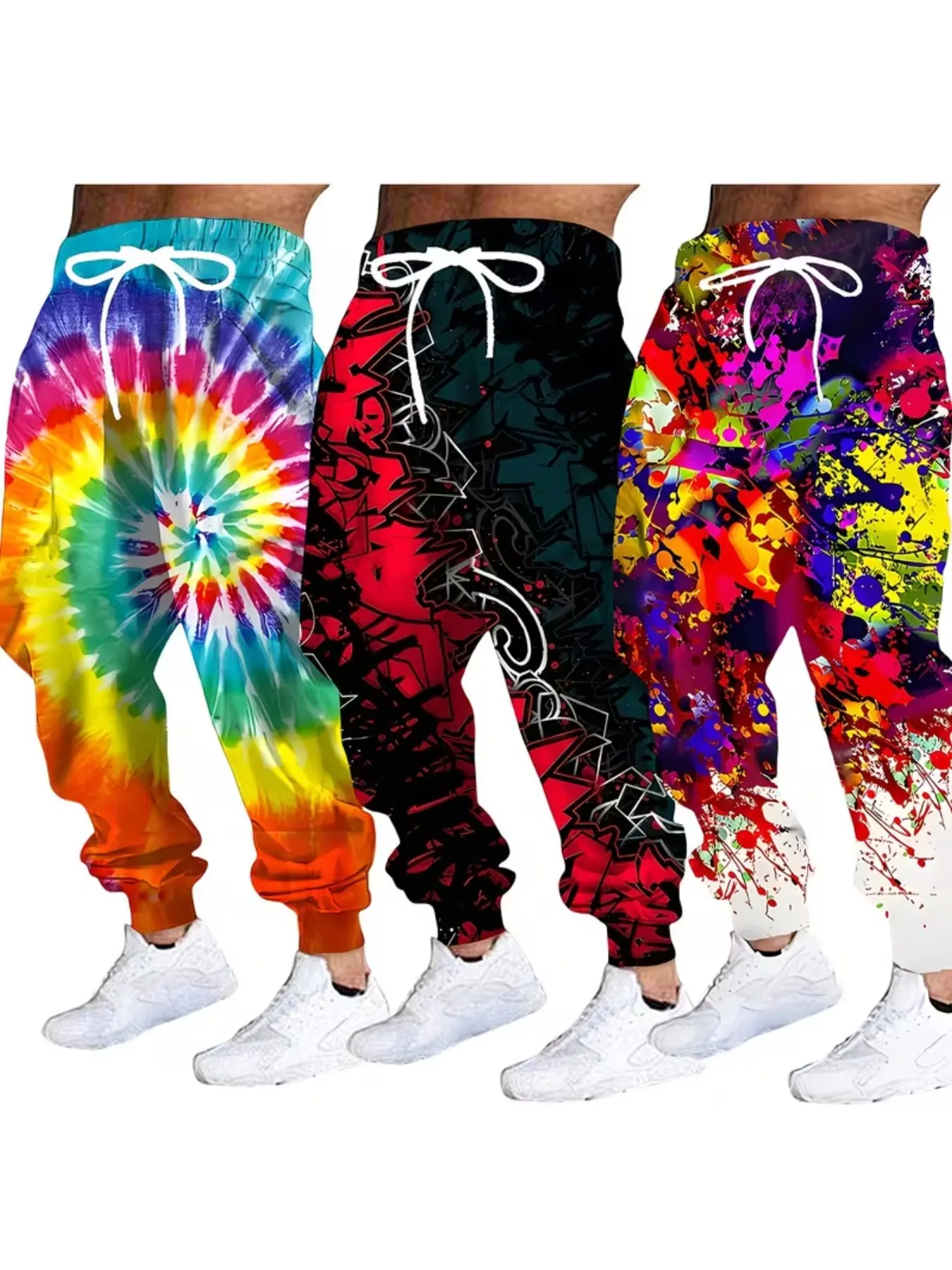 Men's 3-Pack 3D Tie-Dye Spiral Ink Print Sweatpants, Loose-Fit Casual Running Pants with Drawstring Pockets, Fall & Winter Comfort