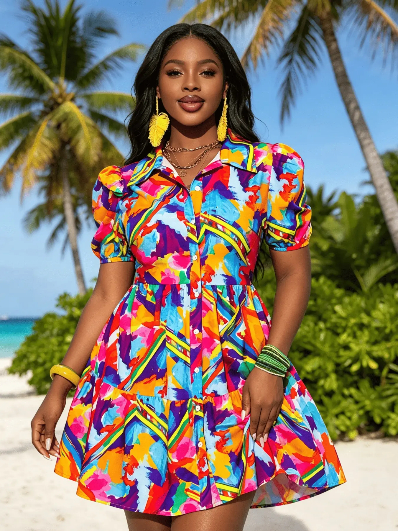 A fashionable and colorful graffiti printed vacation shirt dress for women, Summer, with refreshing short sleeves suitable for tropical climate, suitable for commuting, shopping, outdoor activities, indoor and outdoor wear