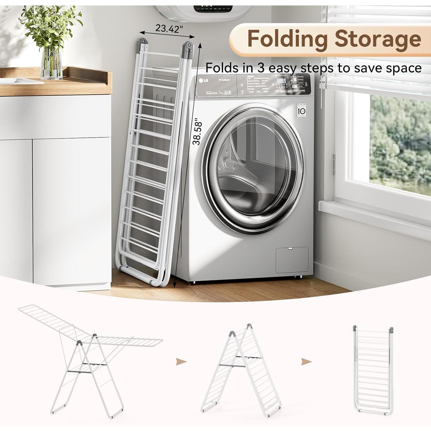 Clothes Drying Rack, Foldable Drying Rack Clothing, Sturdy Metal Laundry Drying Rack, Height-Adjustable Gullwing, Easy to Fold, Space-Saving, for Indoor Outdoor, White