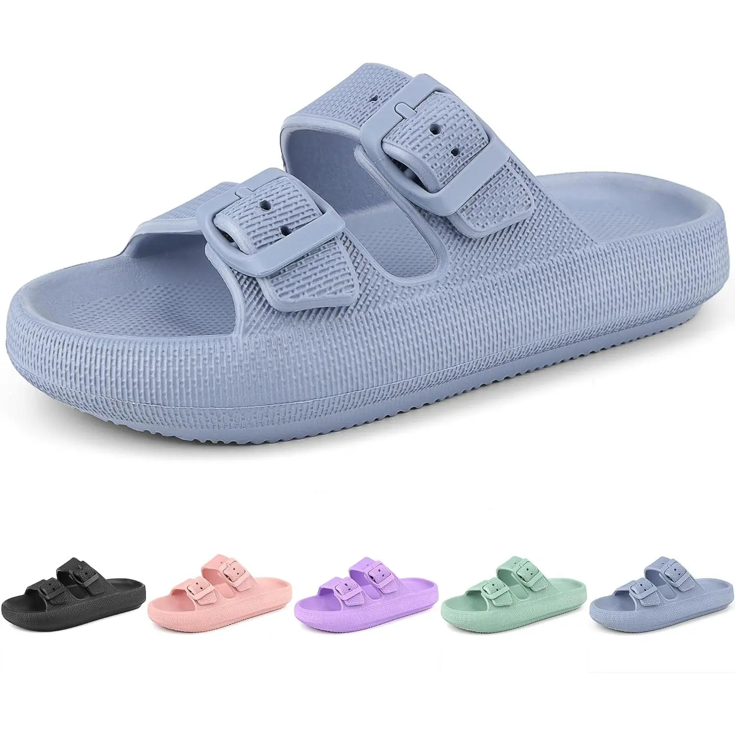 Slides Girls Boys Double Buckle Slip On Sandals Youth Adjustable Flip Flops Summer Soft Pillow Slippers EVA Flat Beach Pool Shower ShoesGift.