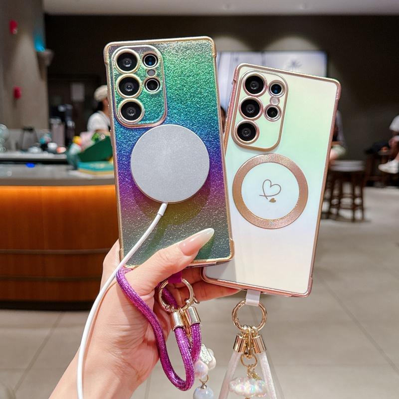 Stylish Electroplated Heart Design Phone Case with Wrist Strap, Compatible with Samsung Galaxy S26/S25/S24/S23/S22/S21 Ultra & Plus, S26/S25 Edge, S24FE/S23FE, Supports Wireless Charging, Anti-Slip and Shockproof Protective Shell