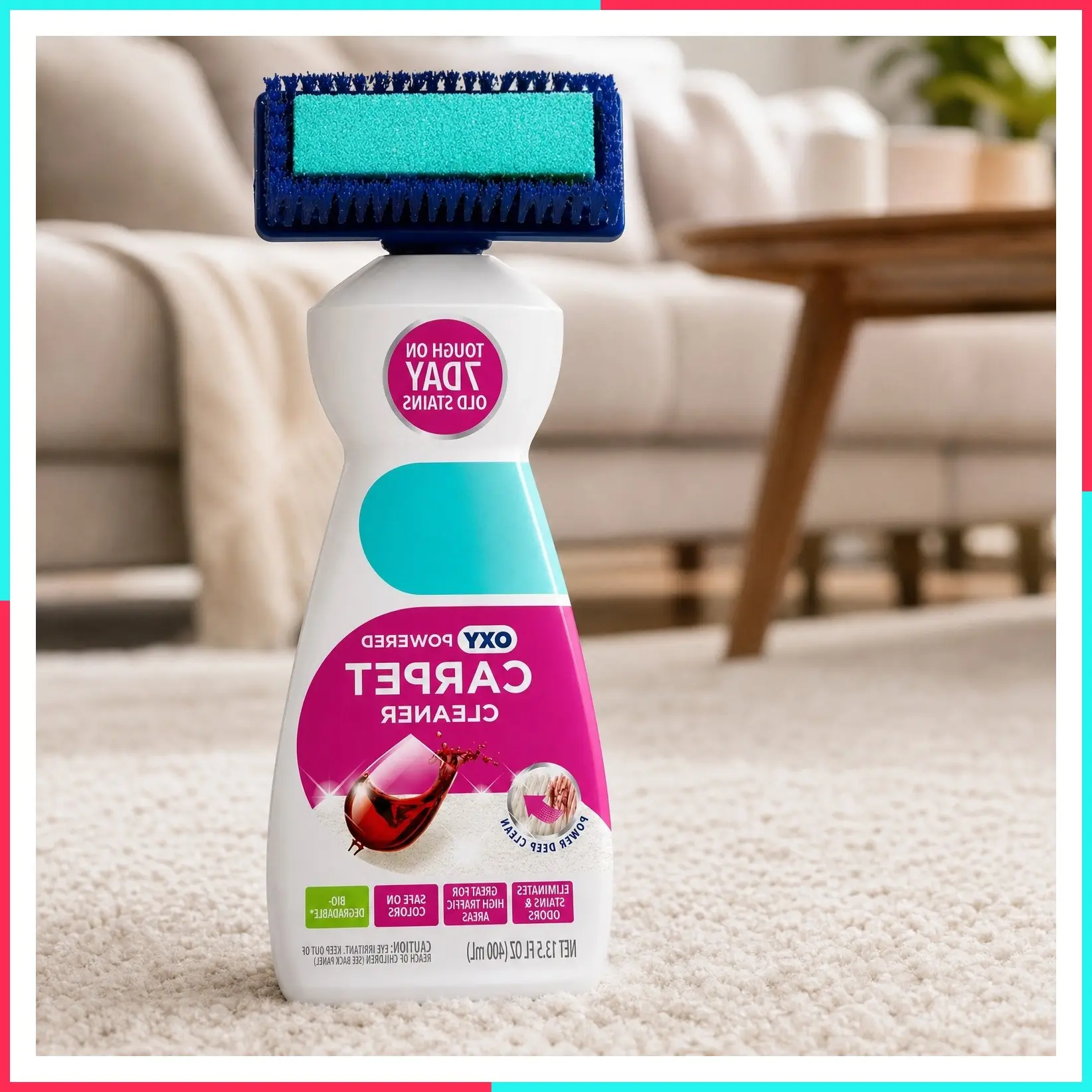 2-in-1 Oxy-Powered Carpet Cleaner, 13.5 Fl Oz – Spot Cleaner with Dual Sponge & Bristle Applicator for Targeted Cleaning, Fast-Acting Formula