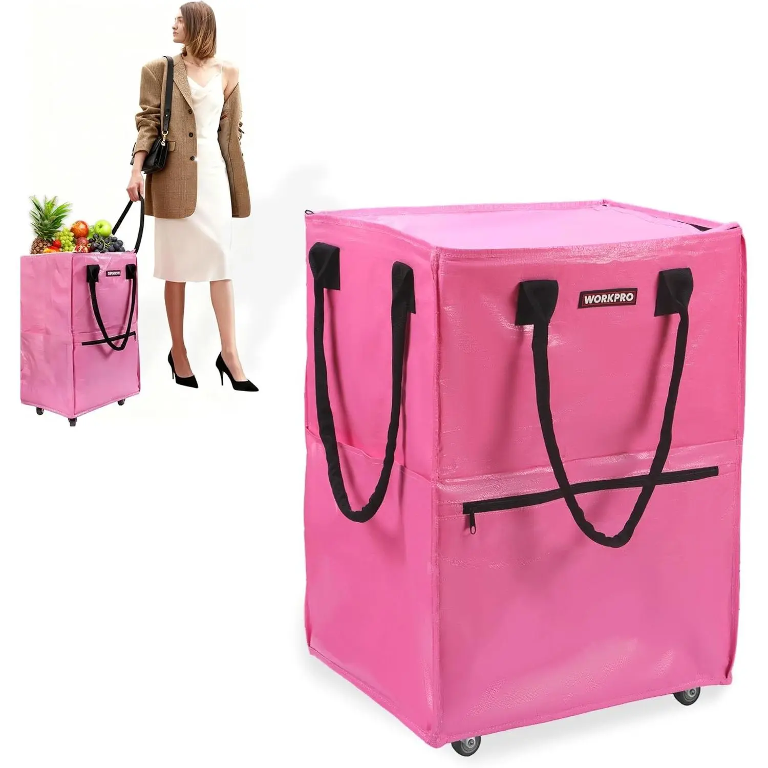 Medium Rolling Grocery Bag with 4 Wheels - 18 Gallon Reusable Rolling Tote, Heavy Duty Holds Up to 75 lbs, Perfect for Groceries, Laundry, Moving & StorageGift