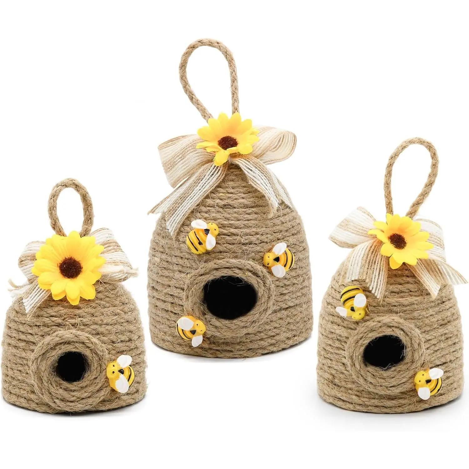 3 Pack Bee Hive Decor, Farmhouse Bumble Bee Decorations with Sunflower, Rustic Tiered Tray Tabletop Decor for Home Kitchen, Spring Summer Bee Theme