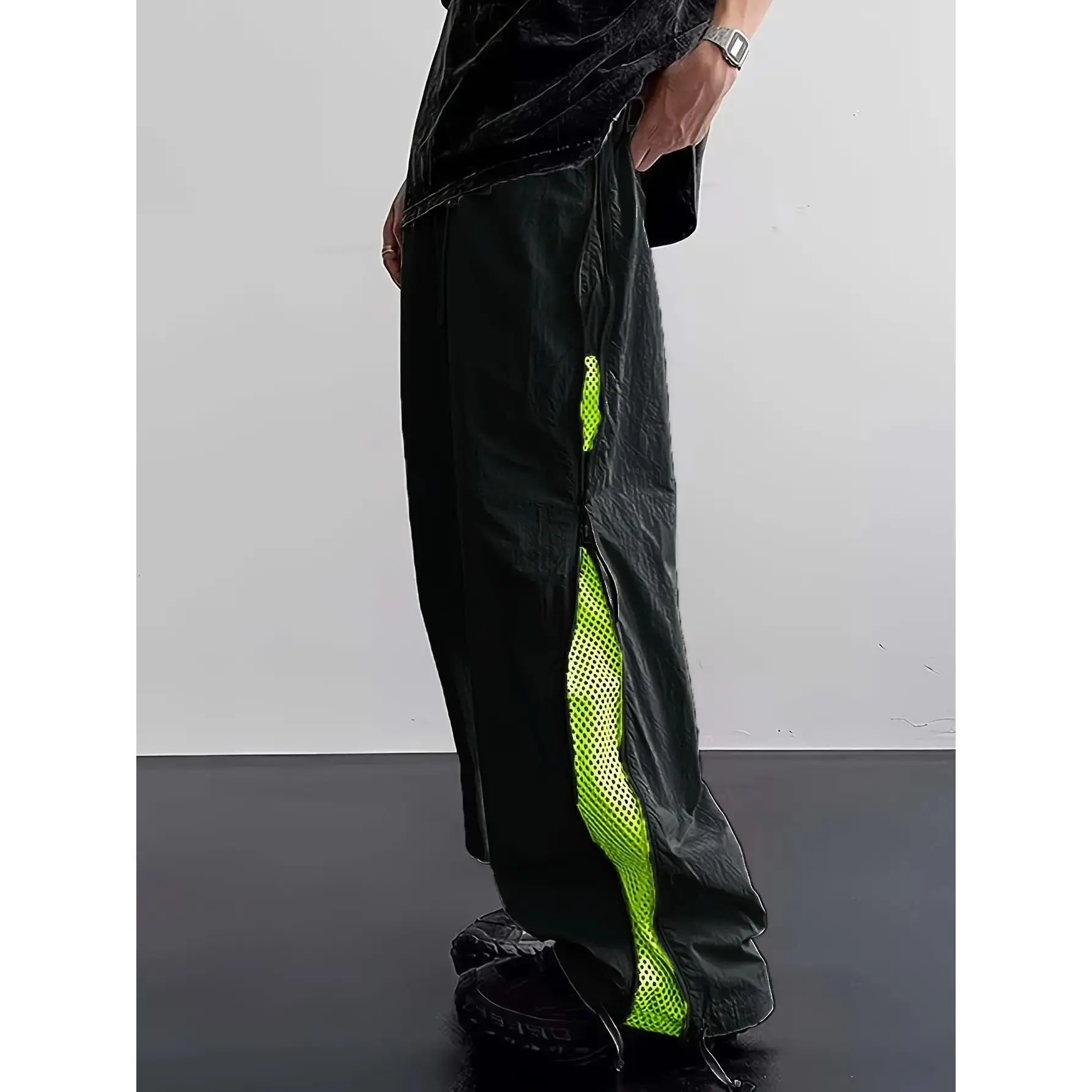 Men's Wide-Leg Cargo Pants, Casual Mid Waist Streetwear Trousers with Neon Mesh Panels and Zipper Detailing