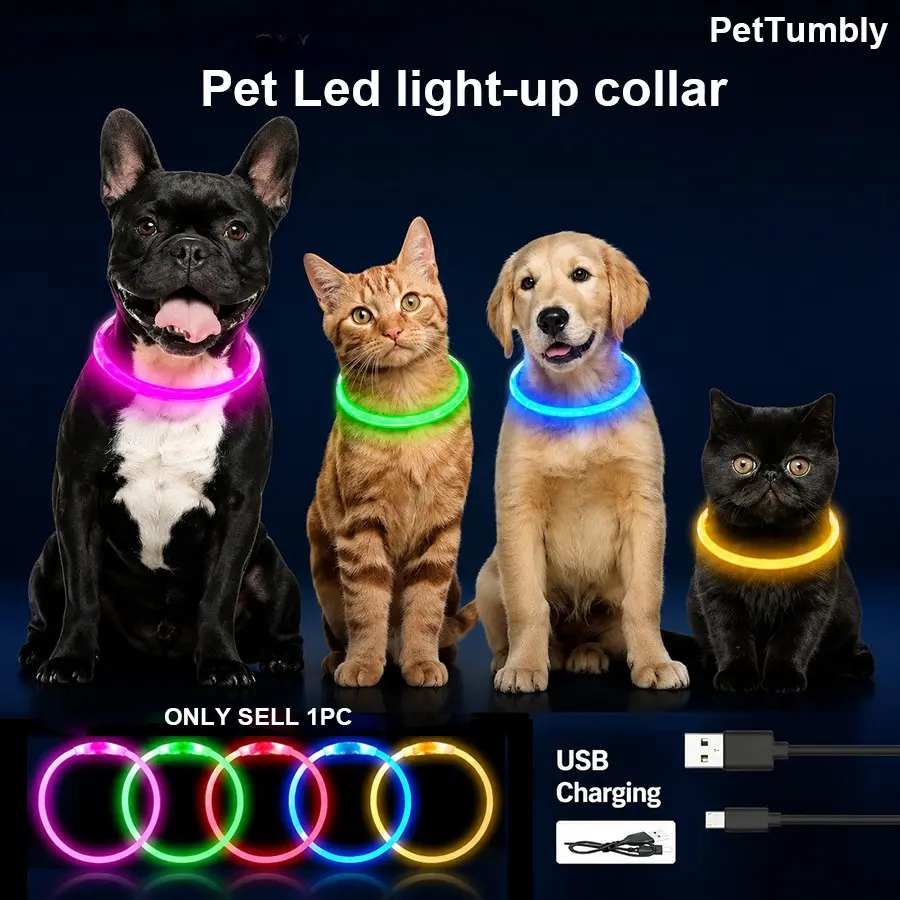 LED USB Pet Collar for Dogs and Cats, 3 Modes, Detachable Night Light, Anti-Lost, Charging Harness, Animal Accessories