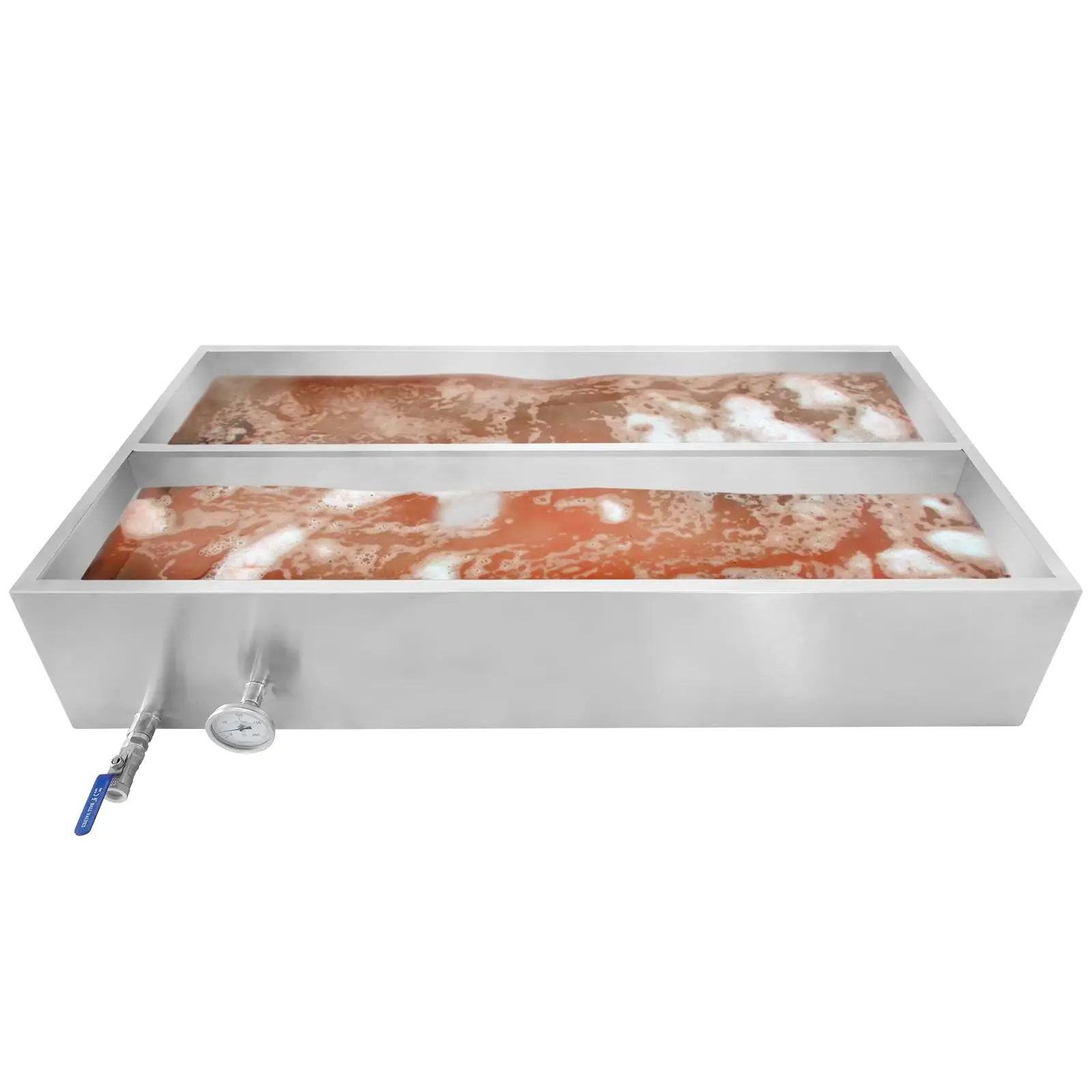 GARVEEStainless Steel Maple Syrup Evaporator Pan available in 48x24x9.4 inch and 24x24x9.4 inch sizes, featuring a built-in thermometer and 3/4" throttle valve for efficient boiling and sweet maple syrup production.