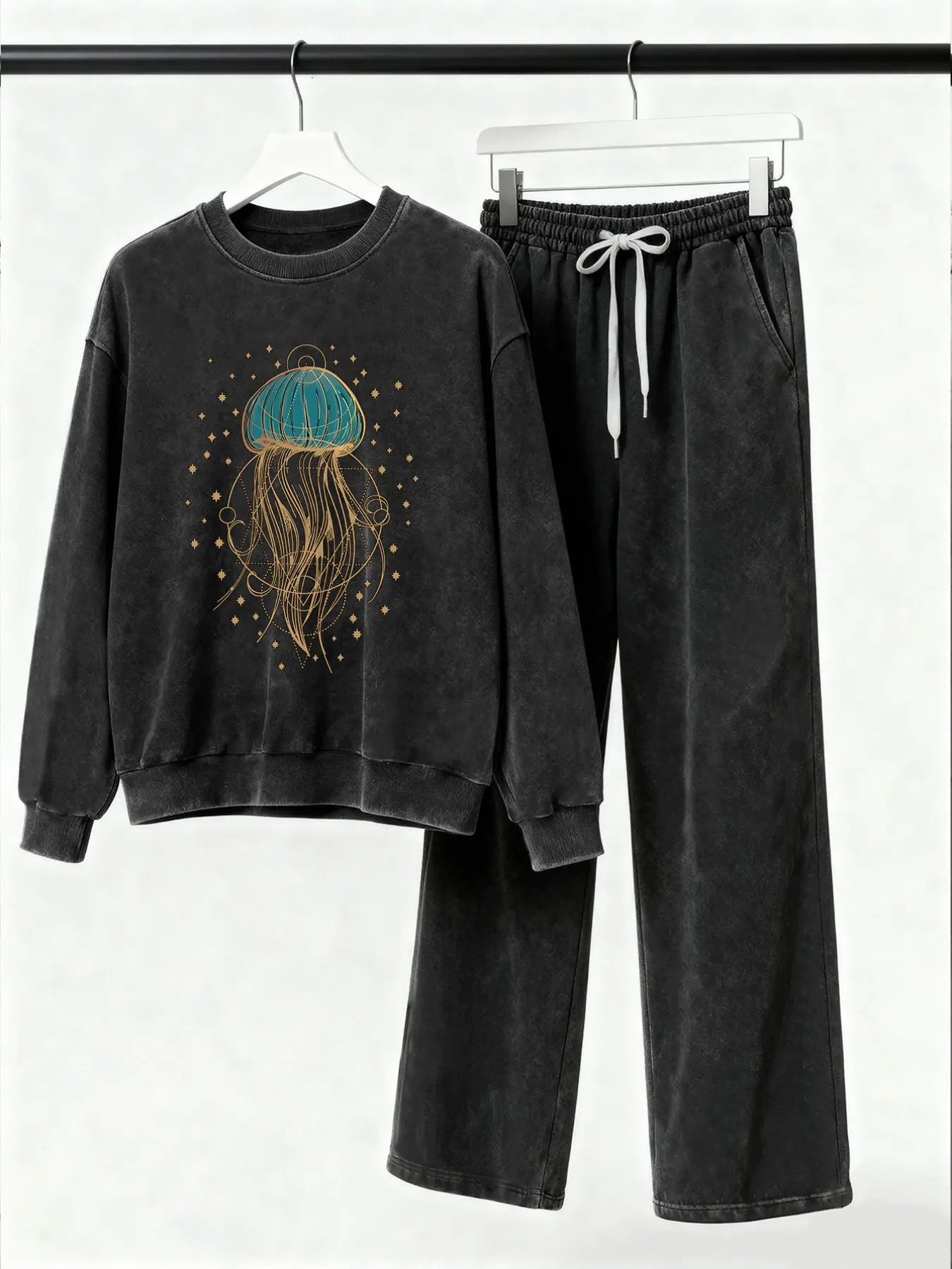 Jellyfish Print 2-Piece Set, Vintage Washed Women's Long Sleeve Pantsuit, Elegant Summer Casual Round Neck Loose Fit, Daily Commute & Fitness