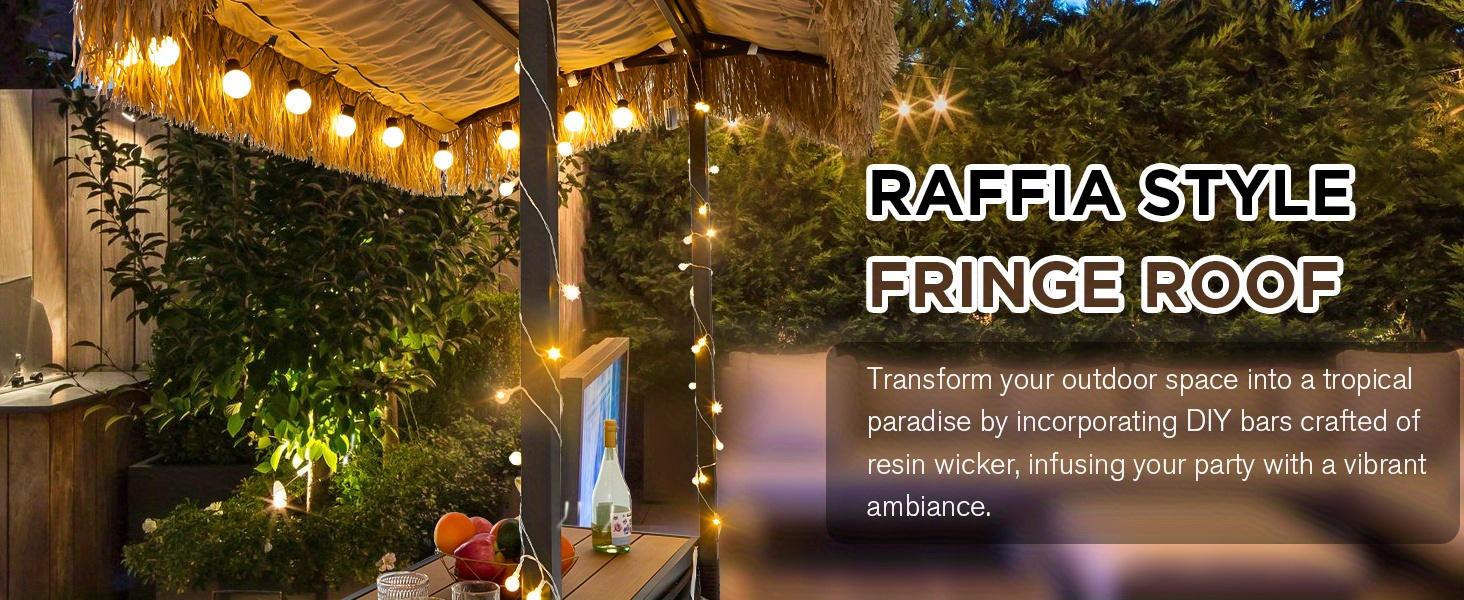 Outdoor Tiki Bar Set, 3 Pieces Wicker Patio Bar Set w/2 Height Stools, Storage Shelf, Canopy, Plastic Wood Tabletop for Backyard Poolside Garden, Brown