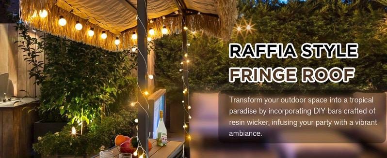 Outdoor Tiki Bar Set, 3 Pieces Wicker Patio Bar Set w/2 Height Stools, Storage Shelf, Canopy, Plastic Wood Tabletop for Backyard Poolside Garden, Brown