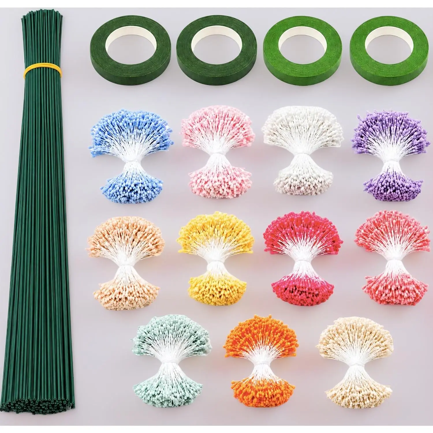 1144pcs Pipe Cleaner Flower Accessories Kit, Pipe Cleaner Flower Supplies with 11 Colors Flower Stamens, 40 Floral Stems and Green Floral Tape for DIY Chenille Stem Flowers, Handmade Bouquet Crafts