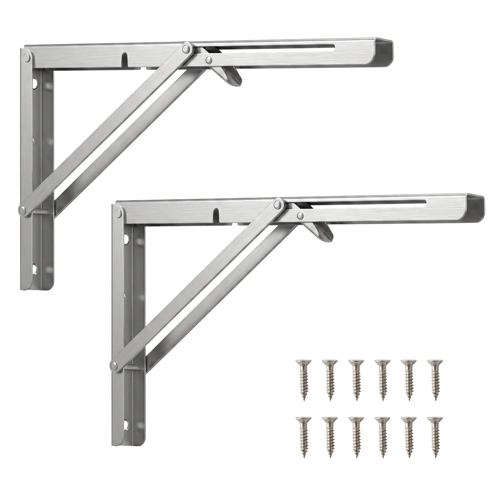 2 Pack 10/14/20 Inch Folding Shelf Brackets, Heavy Duty Stainless Steel Collapsible Shelf Bracket Holds 300 lbs, Space Saving Wall Mounted Hinges for Table, Work Bench