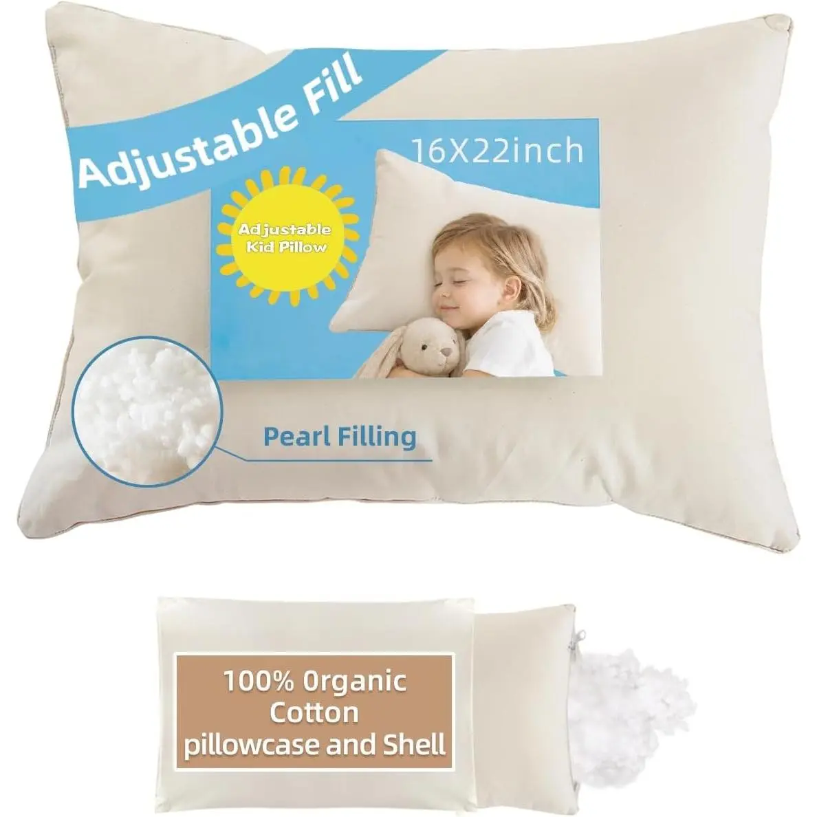Adjustable Kids Pillow for Ages 4-12, 16x22 Youth Pillow with Organic Cotton Pillowcase, CPSC & OEKO-TEX Certified, Hypoallergenic, Machine Washable for Bedroom, Preschool Nap, CampingGift