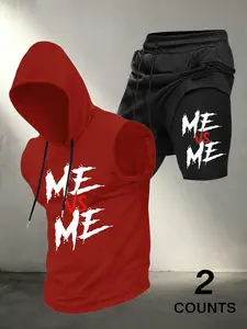 Men 2 Piece Tracksuit Sleeveless Hooded Tank Top & Drawstring Shorts Set, Me Vs Me Graffiti Letter Print Casual Fitness Clothing Gym Workout Streetwear Outfit Set #MenTwoPieceSet #GymOutfit #GraffitiPrintClothes #StreetwearTracksuit #TikTokMadeMeBuyIt
