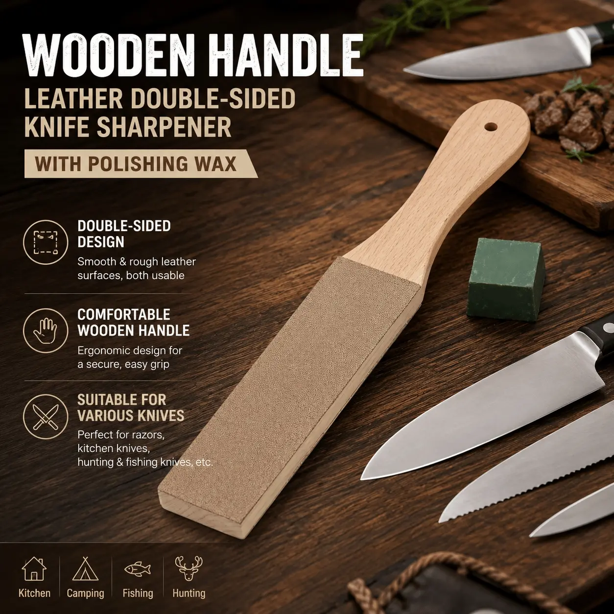 Professional Double-Sided Sharpening Stone for Razors & Knives, Portable Polishing Tool with Wood Handle & Leather Strop, Home & Outdoor Knife Maintenance Kit, Efficient Grinding Stick for Edge Sharpening