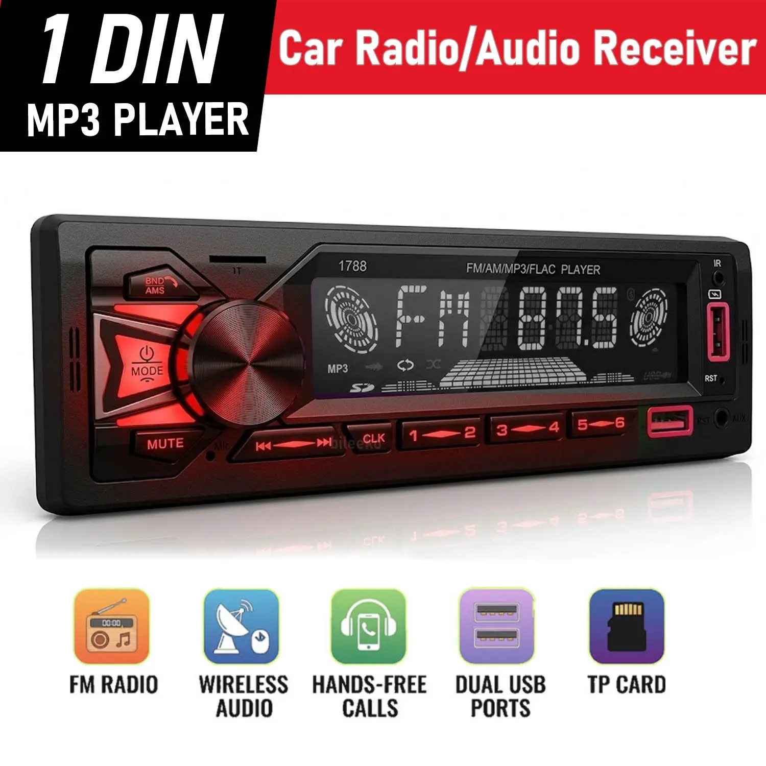Universal Single Din Car Stereo, Car Sound System, Car Multimedia Player, BT Wireless Handsfree Mic, USB/AUX Mp3 Player, Fm Radio Audio Receiver, No CD/DVD Player
