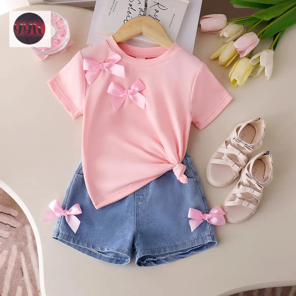 YYW1 Cute Y2K Style Pink T-shirt+Shorts Set, 2pcs Of Girls' Clothing with Bow Design, Suitable Outdoor Daily Travel Outfit, Perfect Outdoor