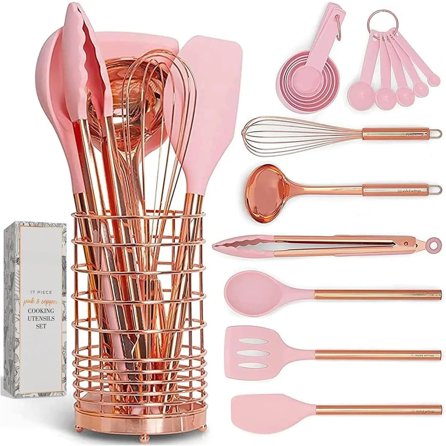 Copper and  Kitchen Utensils Set - 17-  Cooking Tools with Copper Utensil Holder and  Measuring Cups and Spoons for Baking and Everyday Cooking - Stylish Kitchen Accessories