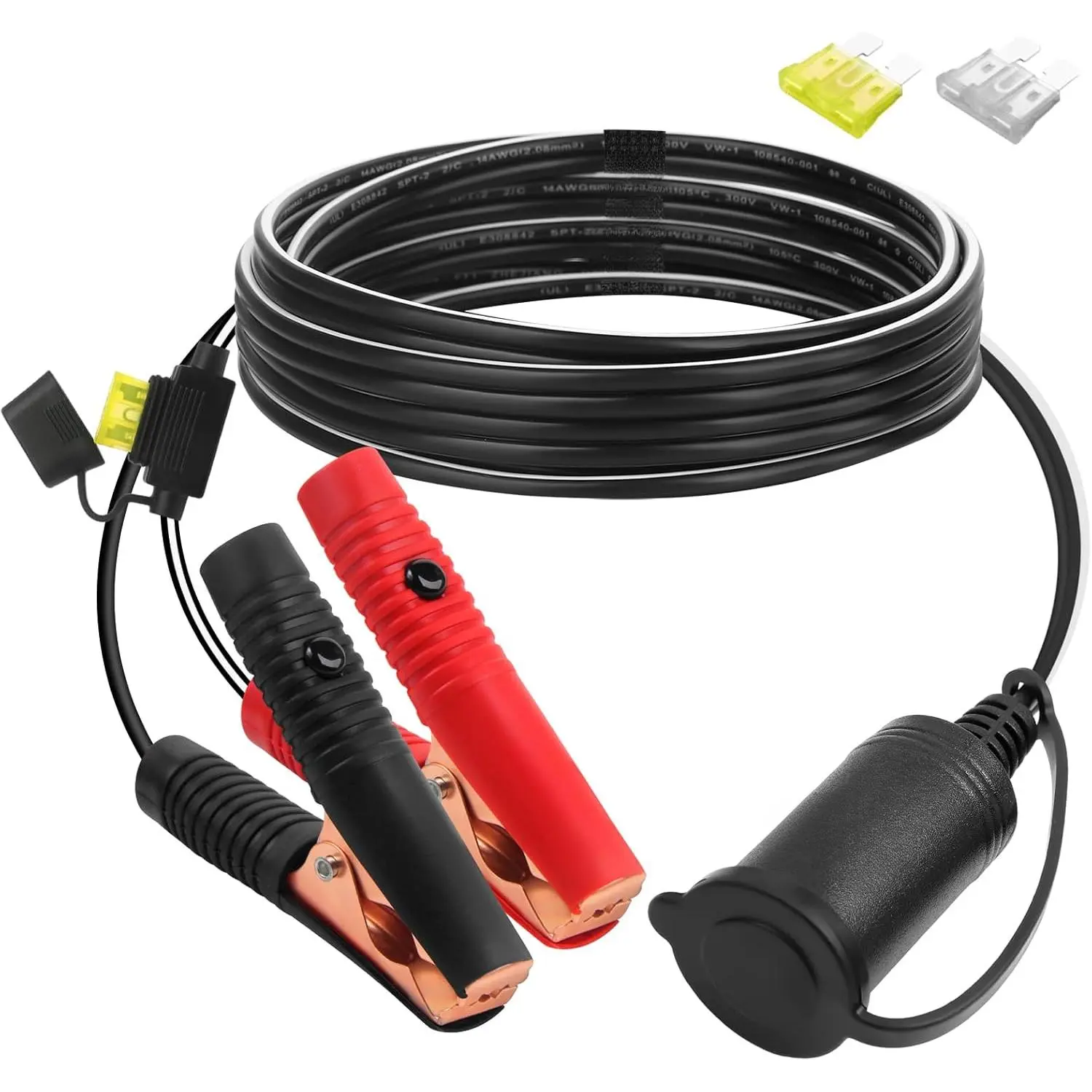 10FT/3.05m 14AWG 20A 12V-24V Female Cigarette Lighter Socket to Battery Alligator Clip Connector, 20A Fuse-Equipped Extension Cord for Cars