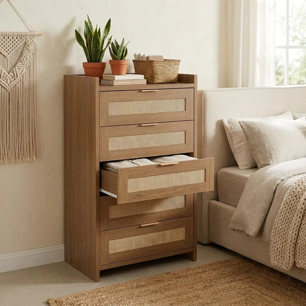 Boho Rattan 5-Drawer Tall Dresser for Bedroom, 46-Inch Modern Storage Cabinet for Nursery, Living Room & Entryway