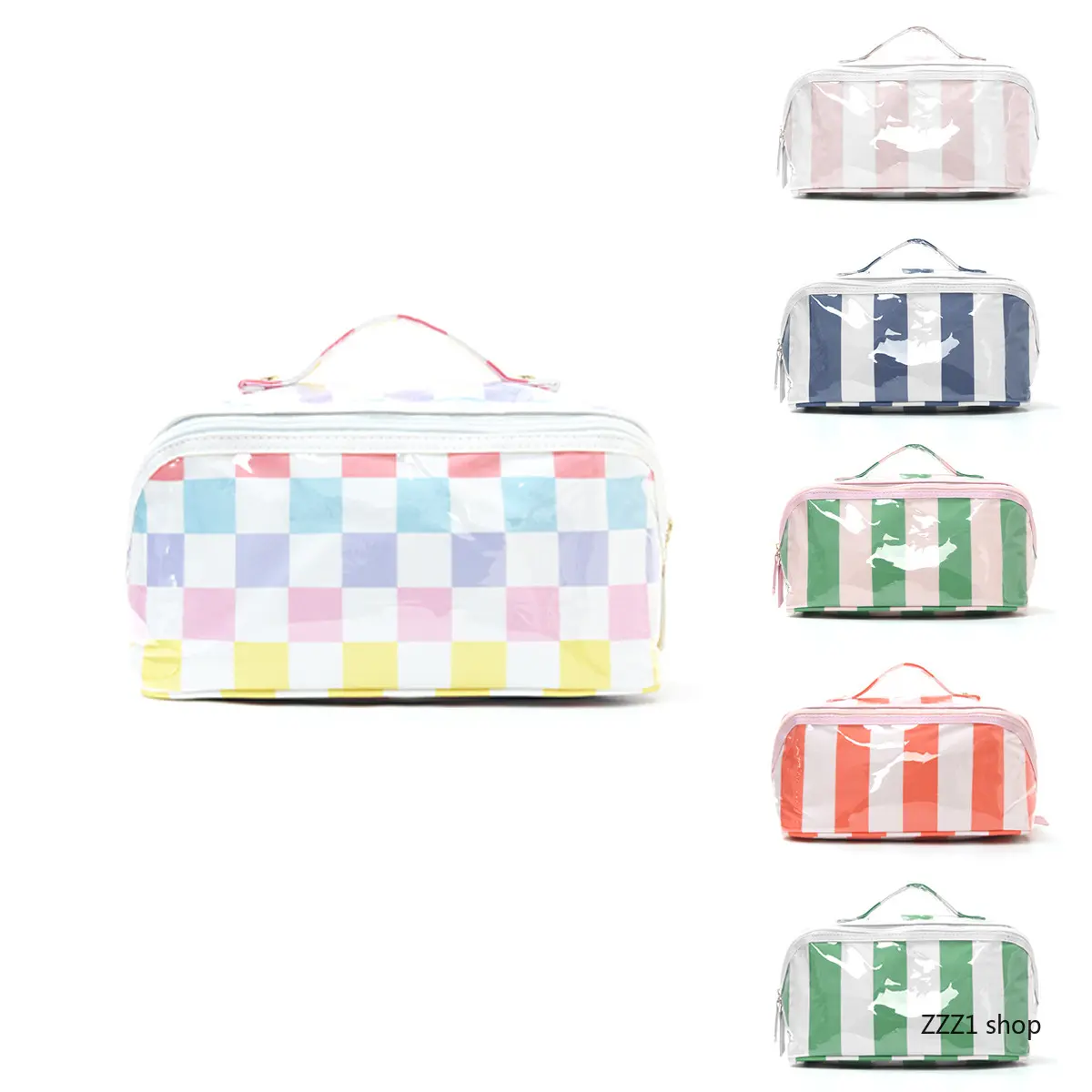 Checkered Toiletry Bag for Travel, Train Case Style Portable Cosmetic Makeup Case for All Seasons, Organizer, Metal, Adults, Plaid, Sporty Chic, Reusable, Zipper Closure, Travel Use, Checkered Striped, Sports