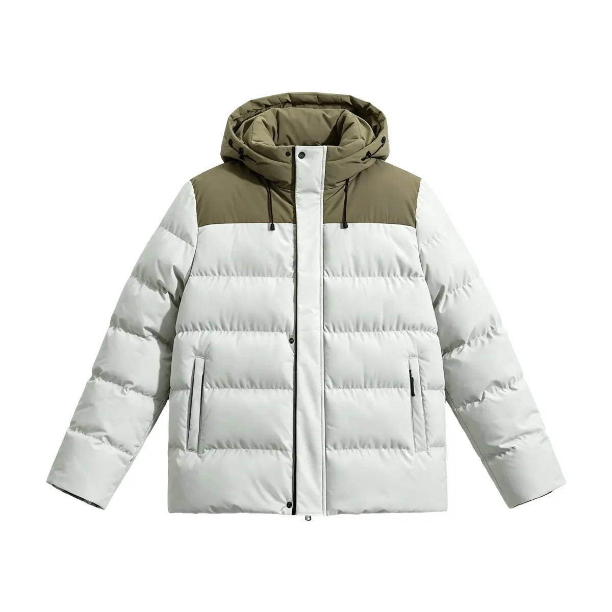 Men's Light Beige-Olive Contrast Color Block Adjustable Drawcord Hood Horizontal Quilt Insulated Puffer Jacket - Water Repellent, Dual Storm Zip-Snap Placket, Vertical Zipper Side Pockets, Oversized Loose Fit Warm Winter Coat for Daily Commute, Hiking, Th