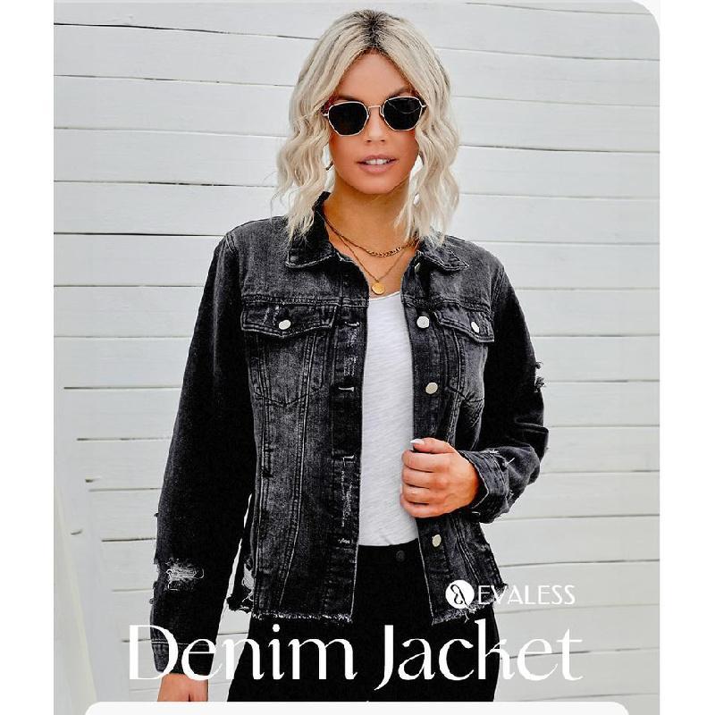 Women's Jean Jackets Non Stretch Boyfriend Washed Distressed Ripped Lapel Long Sleeve Denim Jacket Tops 2025 Spring Fall Womenswear Outfits Casual Coats