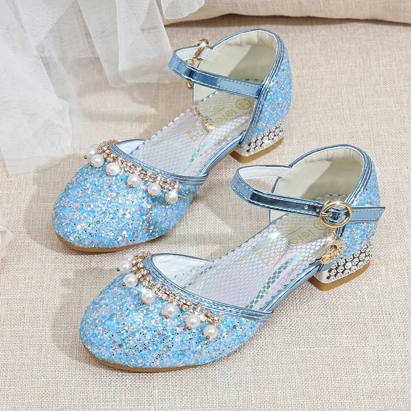 New Style Girls' High-Heeled Shoes with Delicate Glitter, Bowknot, Faux Pearl Buckle, Elegant Princess Shoes Suitable for School, Daily Wear, Weddings, Parties, Festive Outfits, Flower Girl Performances, Dance Shoes
