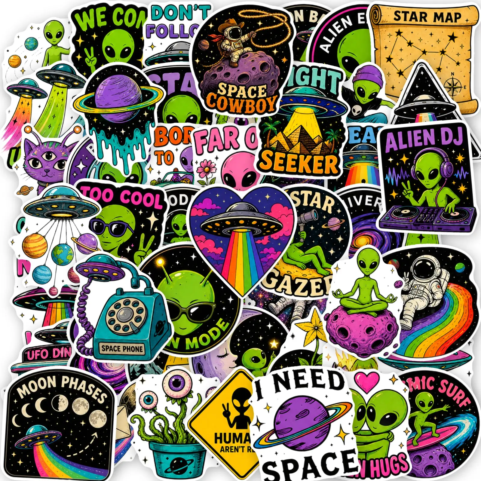 100Pcs Retro Hippie Space Alien Stickers, Vintage Sci-Fi UFO Astronaut Planet Decals for Water Bottle Laptop, Planner Accessories, Office Products, Back To School Decor