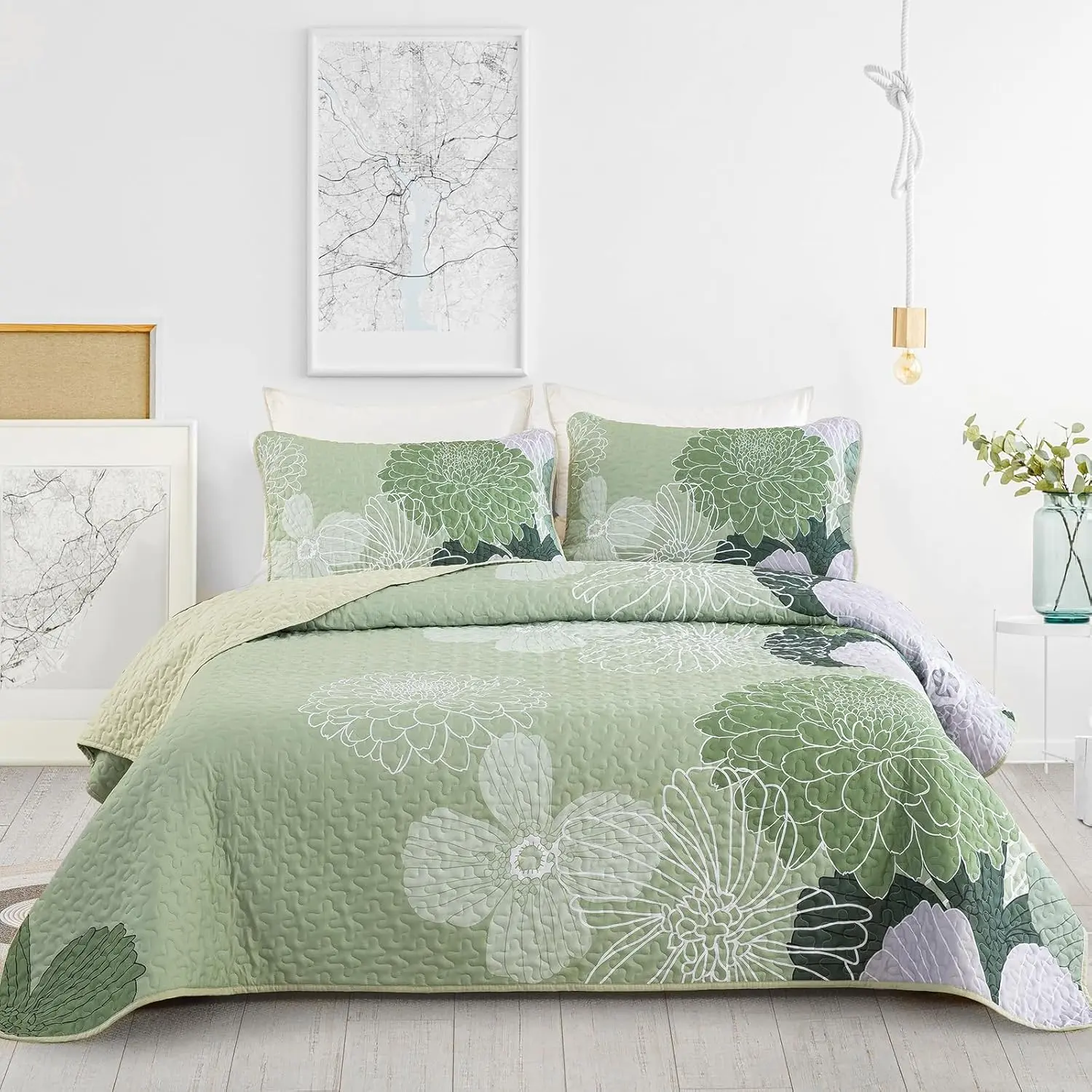 Floral Set Queen Size Sage Green Botanical Bedspreads Bedding Set 3 Pieces Lightweight Summer Coverlet with 2 Pillow Shams 96x90 Inch