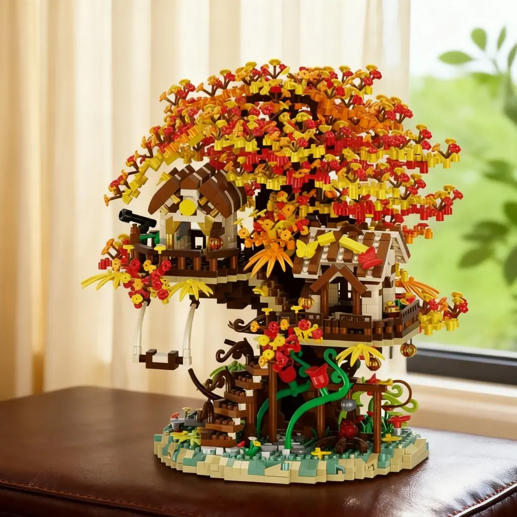 Scene Tree House Building Blocks, Moderate Difficulty, Relaxing Hobby, Warm Autumn Colors, Fits Various Decor Styles, Adds Lamp Strip for Evening Effect