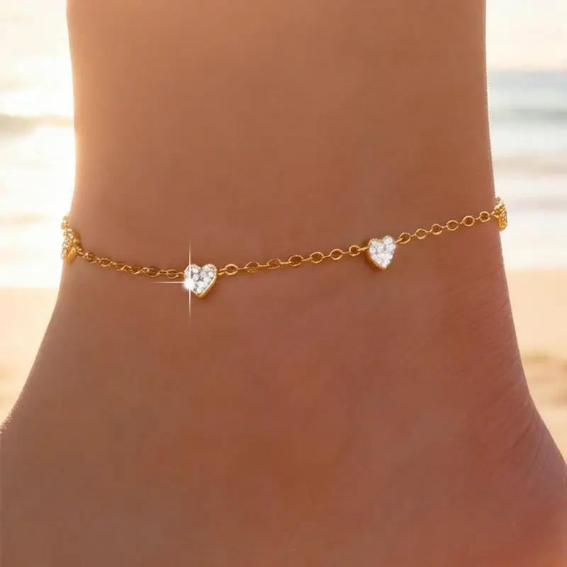 Women's Heart-Shaped Diamond-Studded Anklet - Costume Jewelry Foot Chain Accessory, Summer Seaside Fashion, Daily Wear, Versatile Elegant