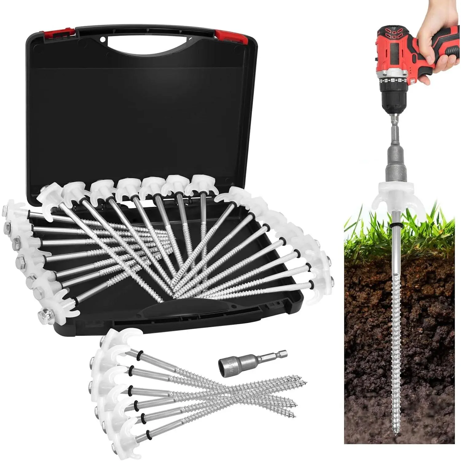 20 Pack 8" Heavy Duty Metal Screw-in Tent Stakes Ground Anchors, Glow in The Dark with Hexagonal Head & Storage Box, for Camping Canopy Inflatable Yard (White)