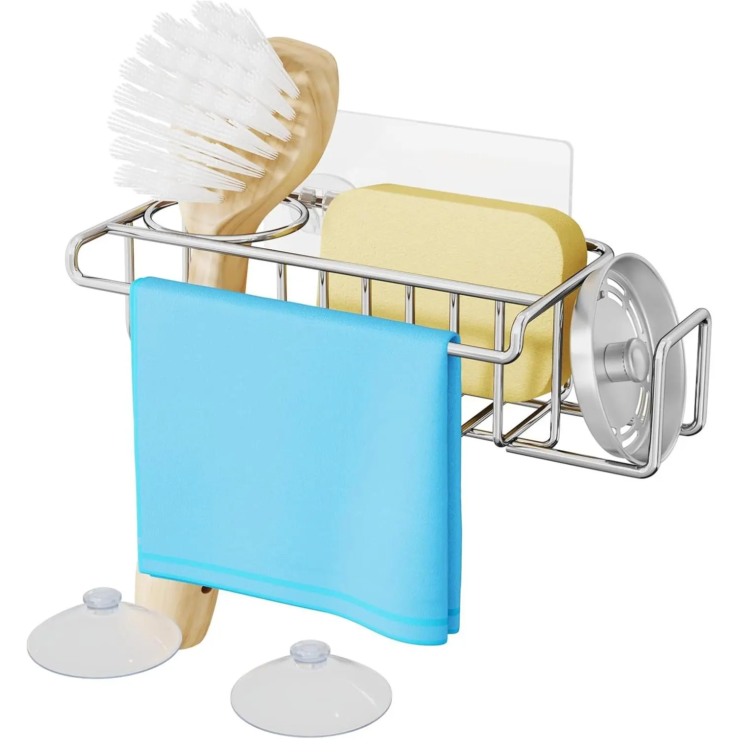 4 in 1 Sink  Sponge Holder, SUS304 Stainless Steel Kitchen Brush Holder and Dish Cloth Hanger, Kitchen Organizers and Storage Essentials -