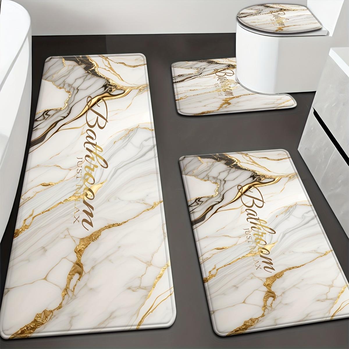 4-Piece Marble Pattern Bathroom Rug Set, Abstract Swirl Ink Fluid Art Bath Mat with "Just Relax" Print, Non-Slip Absorbent Bathroom Accessories with Toilet Lid Cover & U-Shaped Mat for Modern Bathroom Decor