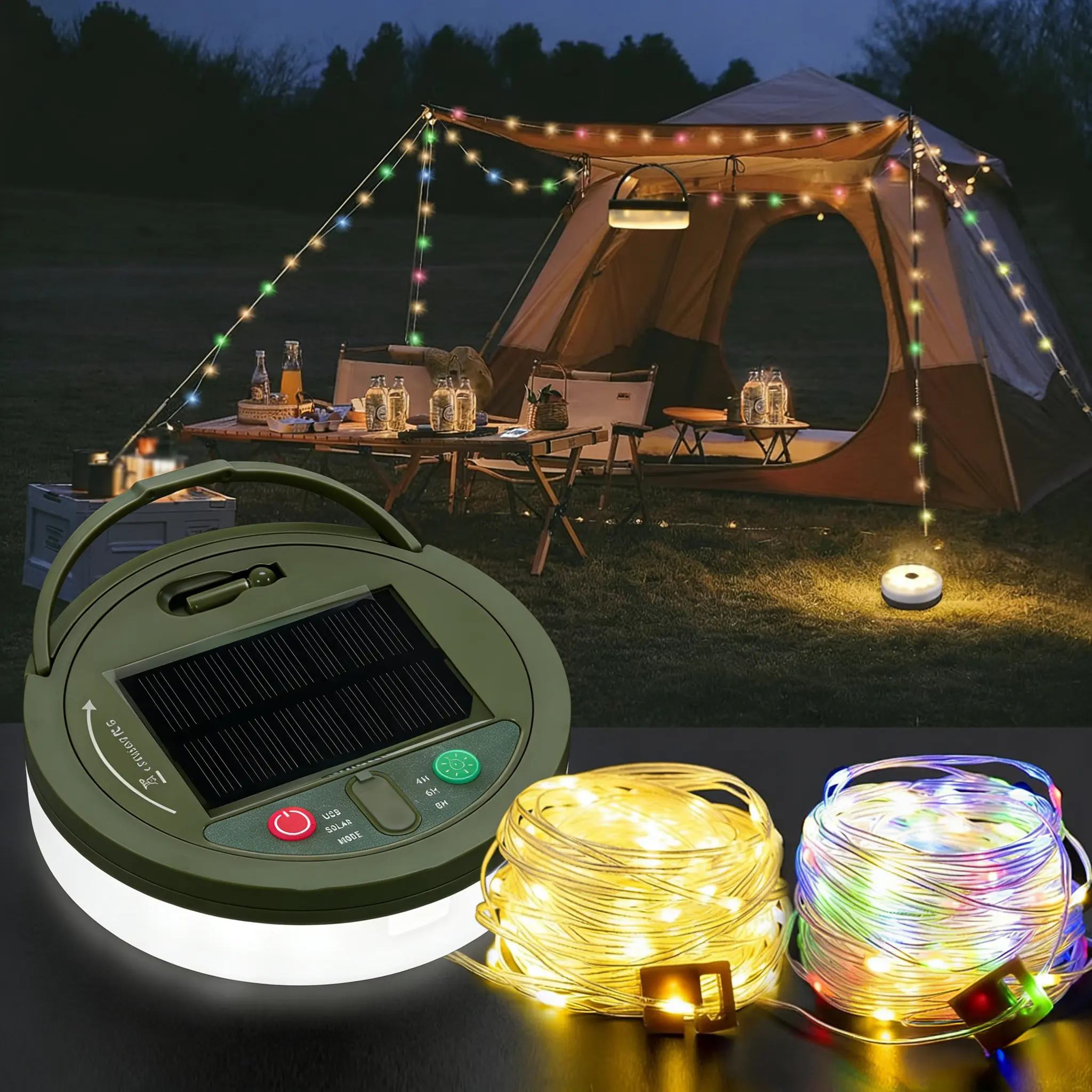 Solar Camping String Lights, 33ft, 8 Lighting Modes, Waterproof, Type-C Fast Charge, Portable Outdoor Festive Decor for Camping, Garden