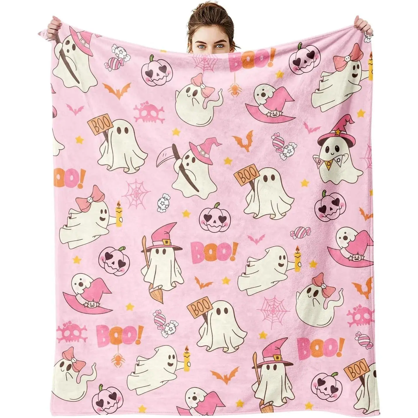 Pink Boo Ghost Halloween Blanket Flannel Throw Blanket Cute Ghost Design for Party Decor, Bedroom Accent and Holiday Relaxation
