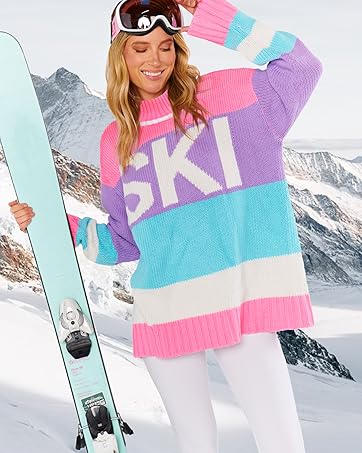 Yousify Womens Sweaters Fall 2024 Oversized Color Block Ski Sweater Crewneck Winter Tops S-2XL