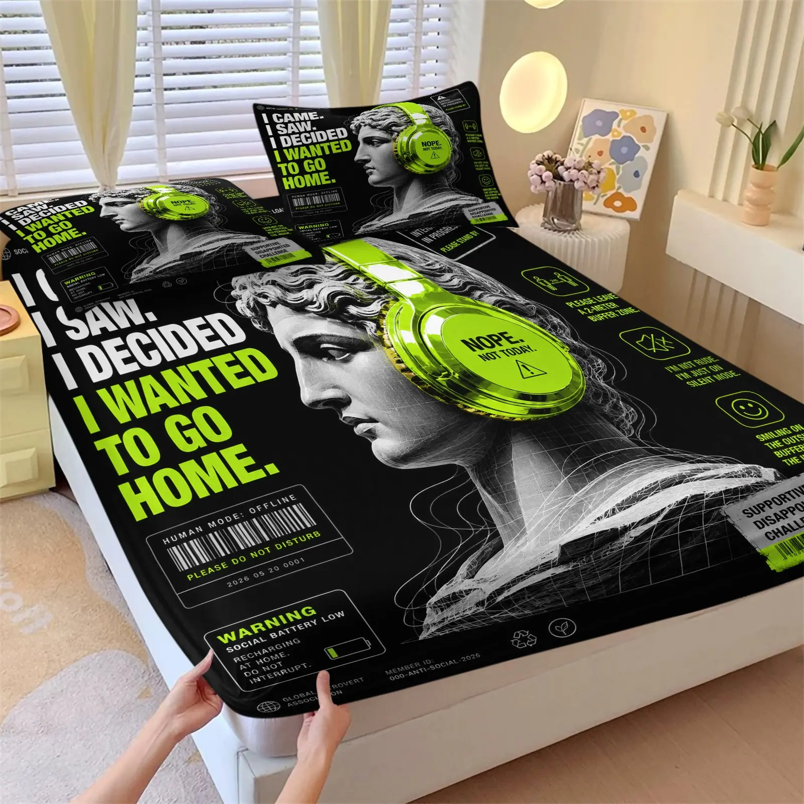 Cool Anti Social Sculpture Graphic Fitted Sheet Set, Trendy Street Aesthetic Bed Sheet Set, 1 Fitted Sheet & 2 Pillowcase No Filling, Soft for Introvert Teens Dorm Apartment Bedroom Decor, All Season