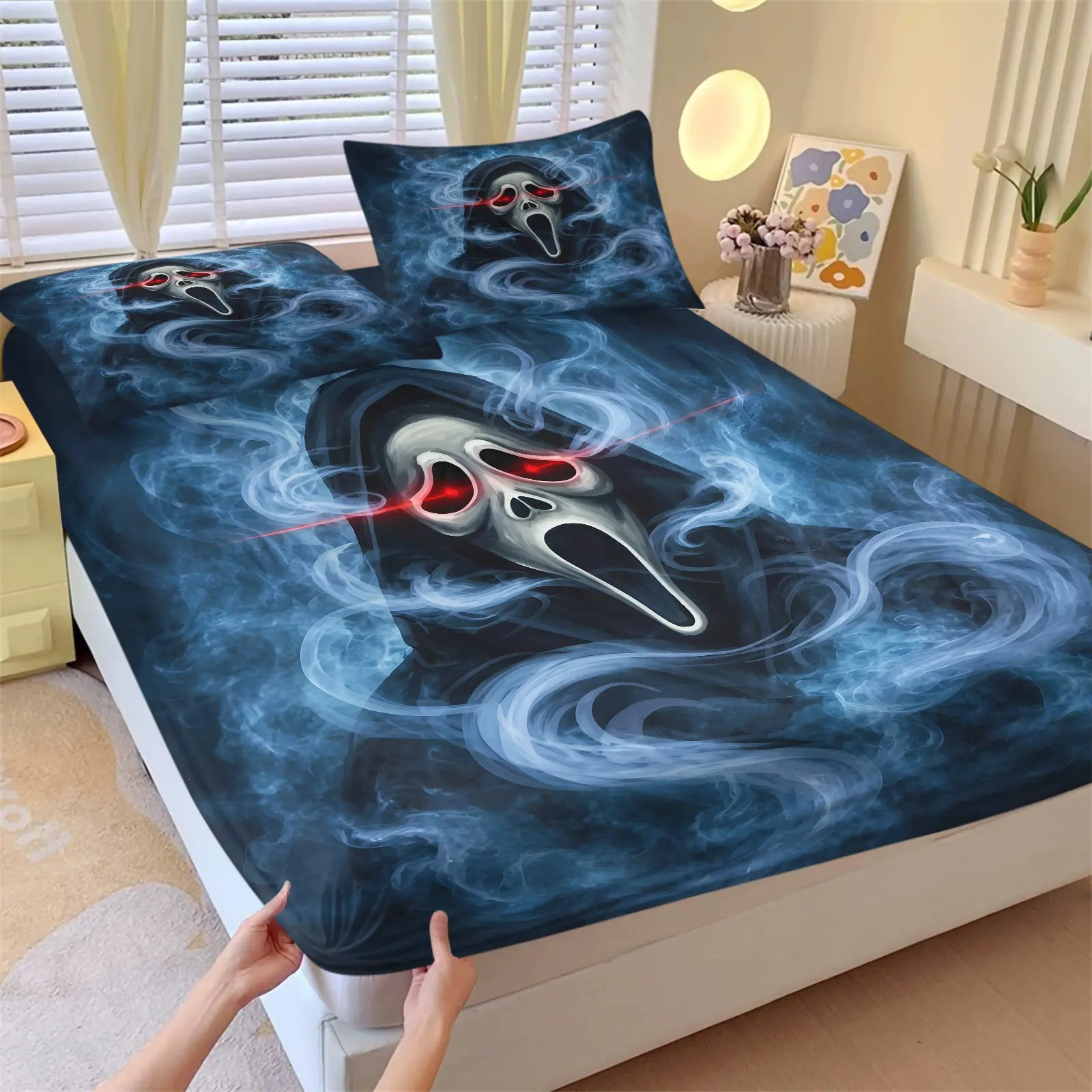 Smoky Blue Ghostface Scream Fitted Sheet Set (1 Fitted Sheet + 2 Pillowcases), Soft Breathable Microfiber, Deep Pocket, All‑Around Elastic Non‑Slip Bedding Set, Fits 12 Inch Mattress, Red‑Eye Smoke Ghost Print, Scary Halloween Bedroom Decor