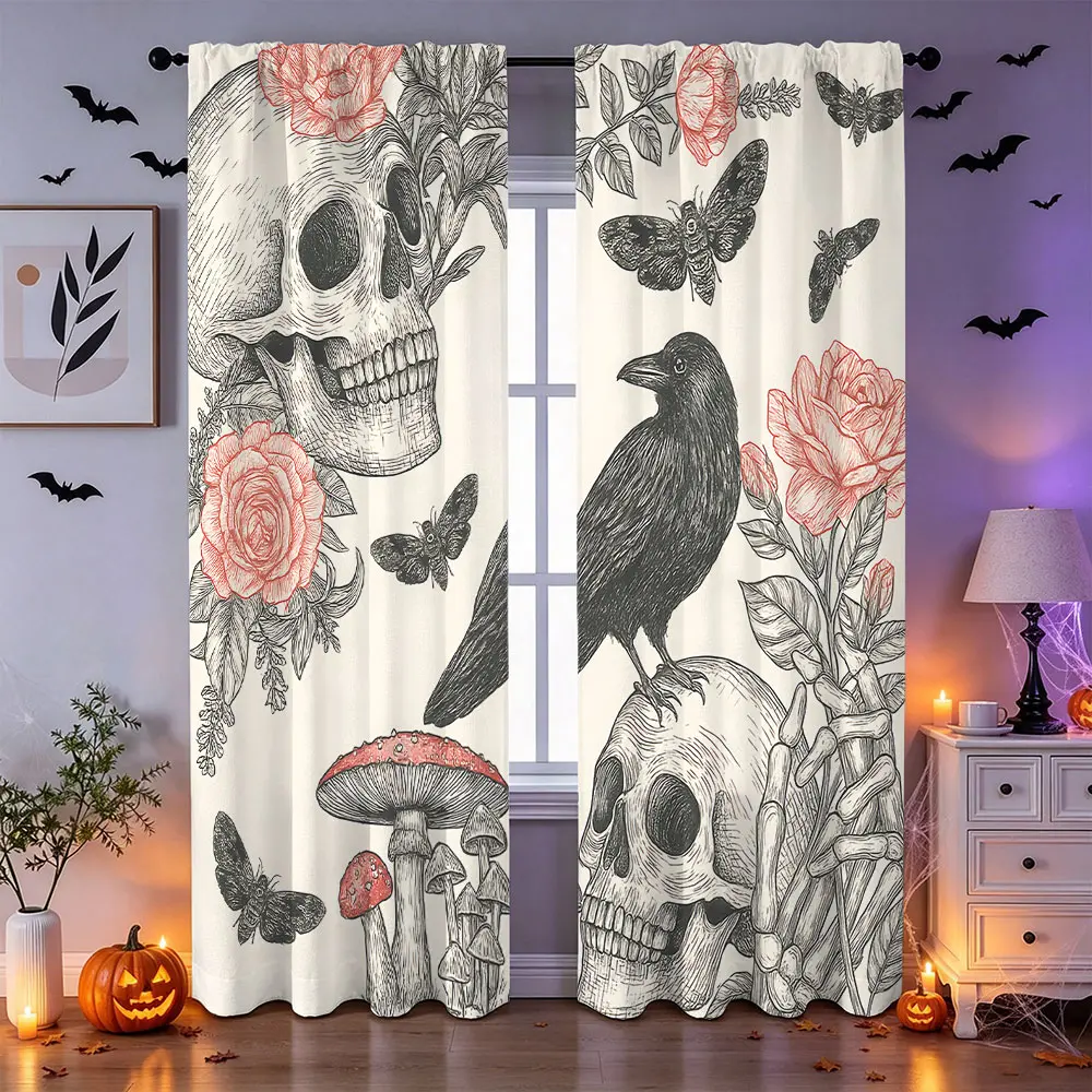Gothic Halloween White Background Raven Skull Rose Mushroom Blackout Curtains 2 Panels, Rod Pocket Thermal Insulated Window Drapes for Spooky Home Decor