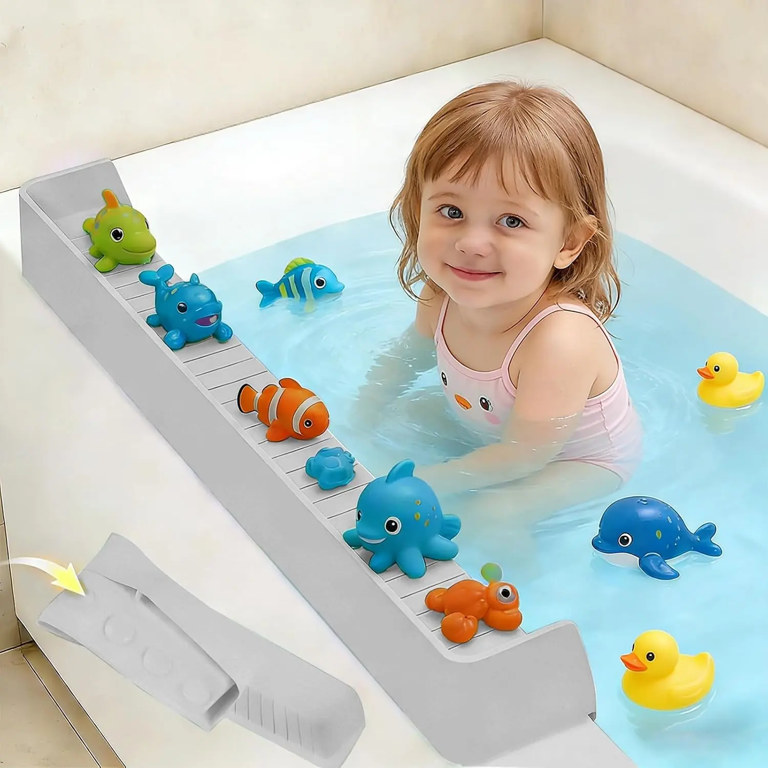 Splash Guard for Bathtub Kids - Silicone Bathtub Splash Guard with 11 Suction Cups, Bath Tub Play Shelf for Kids & Toy Holder, Prevent Water Spill in Bathroom, Fun Bath Time for Toddlers Baby(grey)
