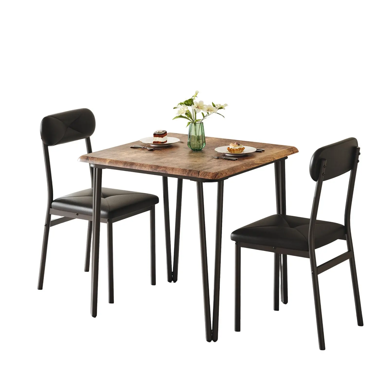 GARVEEModern Small Dining Table Set for 2 with Upholstered Chairs and Metal Frames, 3-Piece Space-Saving Dinette Ideal for Dining, Living Room, Office, Kitchen, or Small Apartments in Brown or Grey