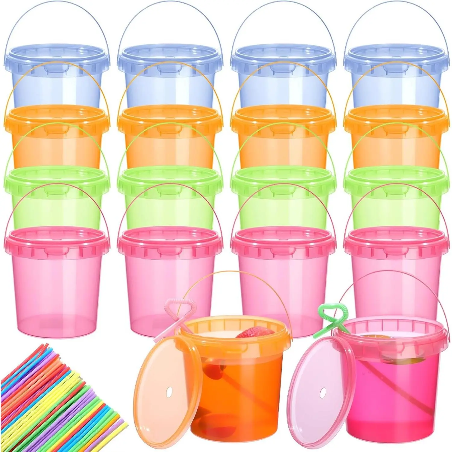16 Pack Plastic Rum Buckets for Drinks with Straws Ice Cream Cocktail Bucket with Lids and Handles Reusable Food Containers Cup (32 oz,Muticolor)