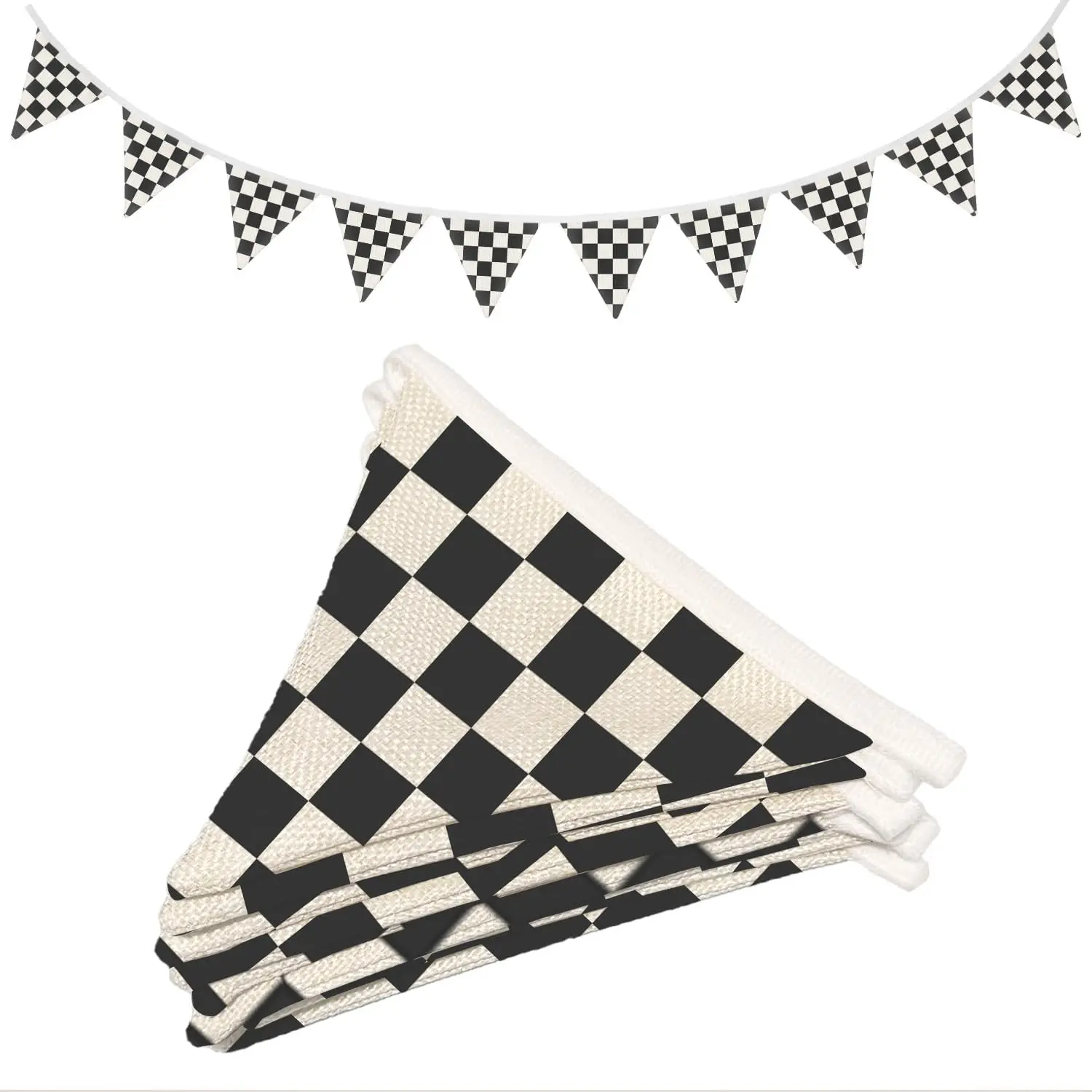 11Ft Fabric Black-White Checkered Triangle Garland Bunting Racing Flags - Boys Toddler Nursery Wall Art Decor, Linen Photo Backdrop Decoration for Baby Shower Birthday Gift, Hanging