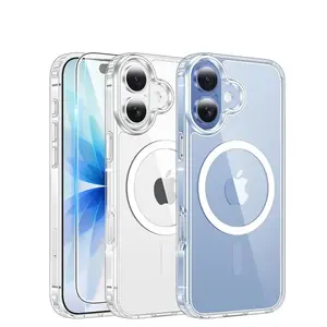 For iPhone 17/16/15/14/13 Clear Phone Cases Magnetic Charging Anti Yellowing Shockproof Magsafe Support with Screen Protector