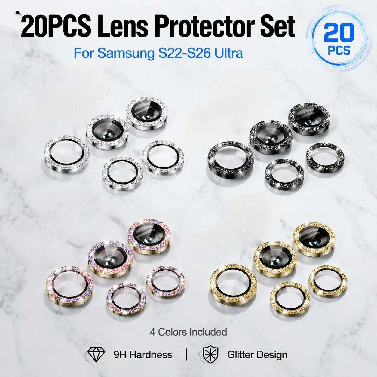 20 PCS Metal Camera Lens Protector for Samsung Galaxy S26 S25 S24 S23 S22 Ultra 9H Hardness Anti Scratch HD Clear Bubble Free Full Coverage Installation Case Friendly Smartphone Camera Accessories