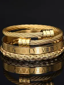 3Pcs Roman Numeral Criss Cross Braided Gold Bangle Set,Stainless Steel Adjustable Open Cuff Bracelets for Men Women,Couple Stackable Jewelry Birthday Gift Non Tarnish Gold Bangle
