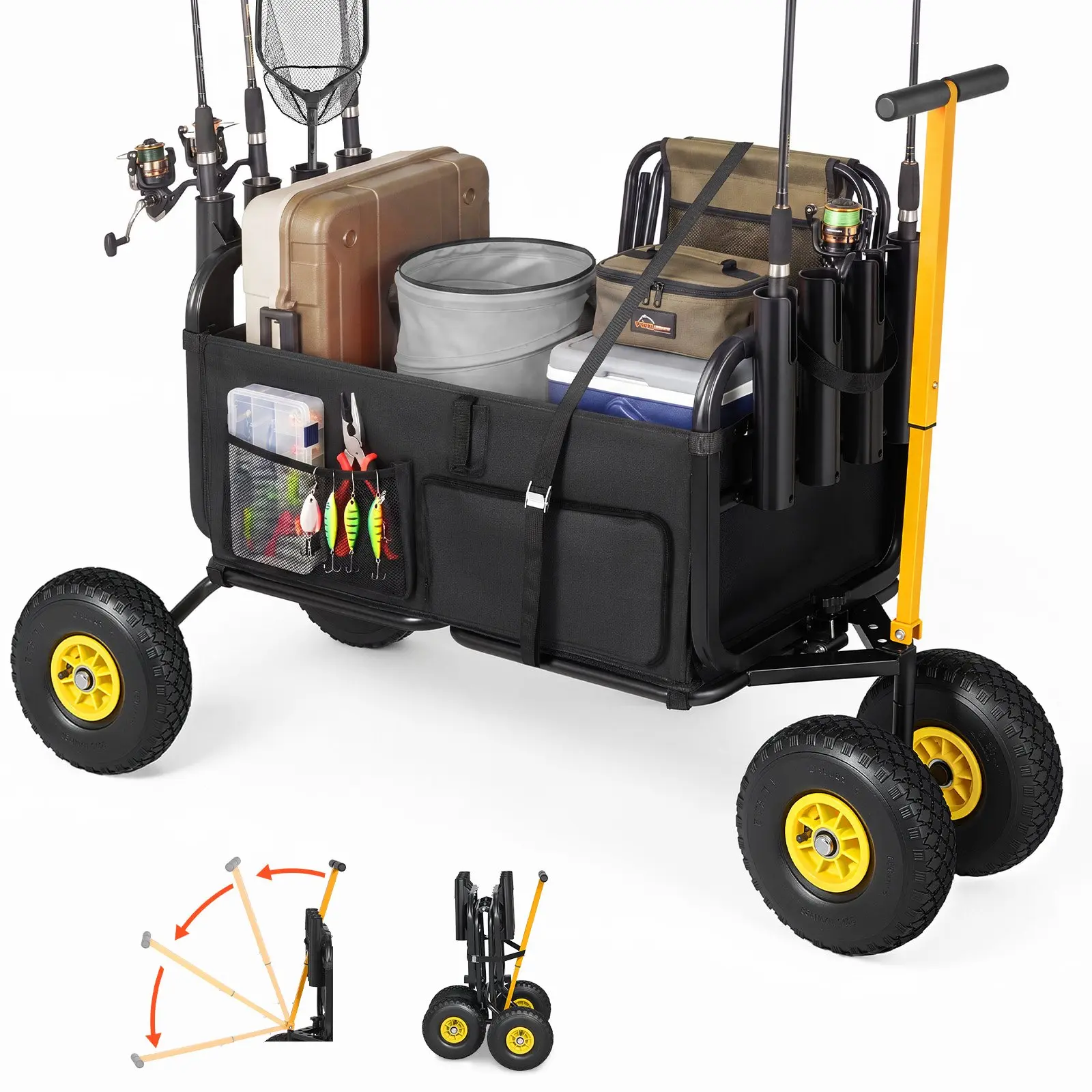 VEVOR Beach Fishing Cart, 300 lbs Load Capacity, Foldable Fishing Cart with Heavy-Duty Carbon Steel Frame, 11-Inch All-Terrain Tires, 8 Rod Holders, Strap, Easy to Clean, for Outdoor Camping Picnic